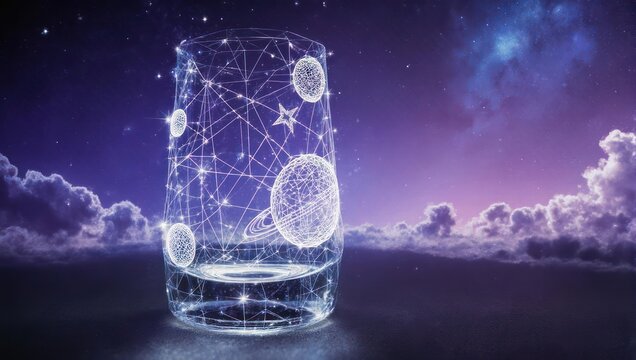 Artistic illustration of a futuristic glass containing planets and stars against a night sky backdrop