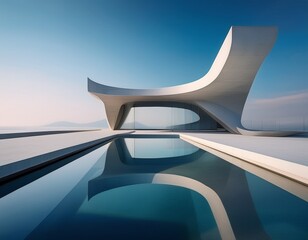 abstract modern architecture with concrete structures and reflective pool under a clear sky showcasing minimalist design aesthetics