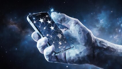 Artistic rendering of a glowing hand holding a smart device with a constellation design on screen