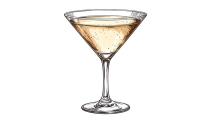 A hand-drawn depiction of a cocktail in a classic martini glass. The beverage is a light amber color, and the glass sits atop a white backdrop