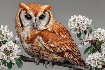 Elegant owl perched white blossoms wildlife high resolution picture