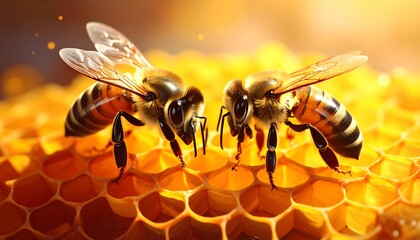 Two honeybees rest atop the honeycomb structure in warm sunlight