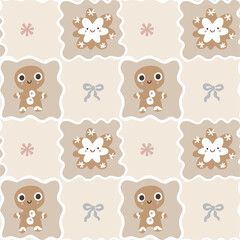 Seamless Christmas plaid pattern featuring cute gingerbread men and snowflake.