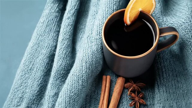 Warm cup of spiced tea with citrus slice, perfect for cozy moments on chilly days indoors