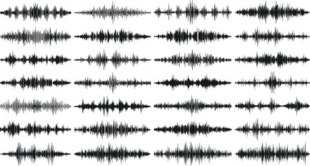 Dynamic collection of various sound wave patterns, depicting abstract audio vibrations and frequency visualization for technology and music-related designs across diverse applications