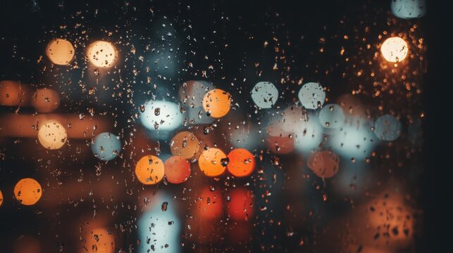 raindrops on glass with blurred warm city lights behind, cozy night atmosphere, glowing reflections, cinematic rain aesthetic