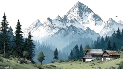 Minimalist line art snowy alps cabins high resolution picture
