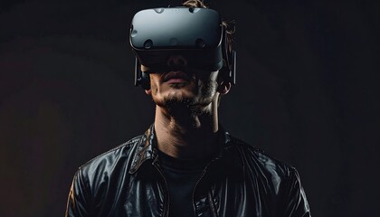 Naklejka premium A man wearing a virtual reality headset poses against a dark backdrop. He's in a leather jacket. The shot is close-up