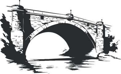 Black and white illustration of an arched stone bridge over a river, showcasing classic architecture.