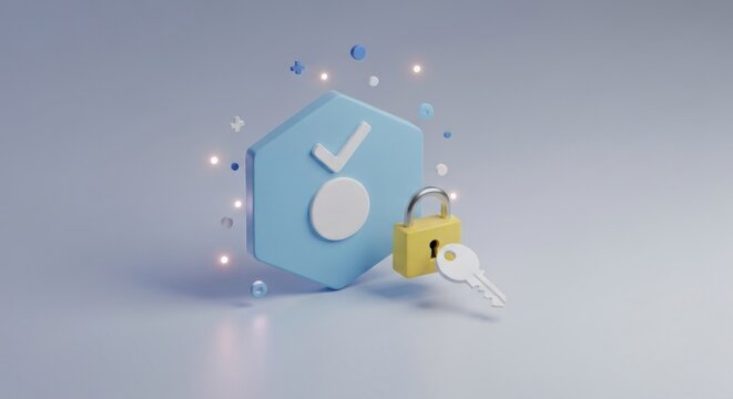 Secure icon Hexagon, checkmark, padlock, key, floating dots on a gray backdrop