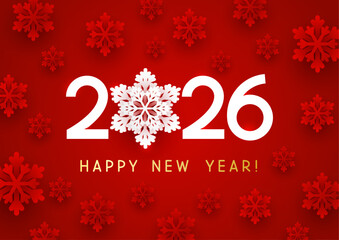 New Year concept - 2026 numbers on red background with paper snowflakes for winter holidays design 2