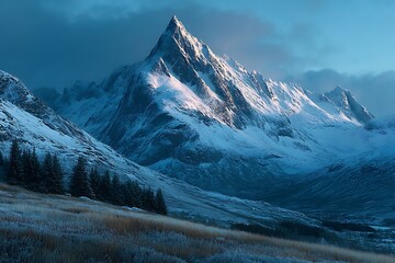 Serene blue winter valley mountain view high resolution picture