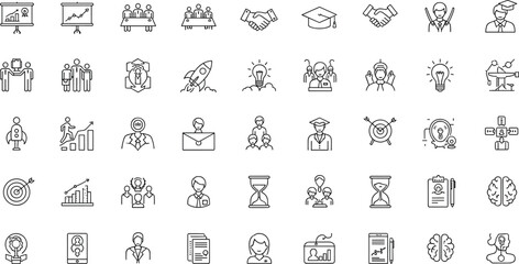 Business icons, education symbols, professional development, meeting, handshake, graduation, rocket, startup, idea, creativity, goal, target