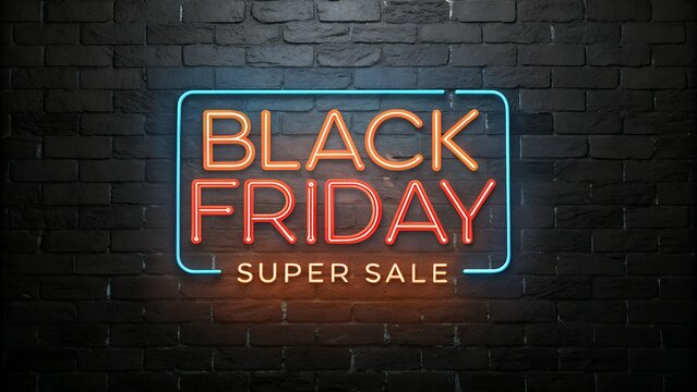 Black friday super sale neon sign glowing on a brick wall