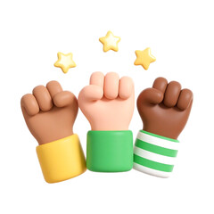 Three Diverse 3D Fists Raised in Unity Victory Celebration with Stars Isolated on Transparent Background