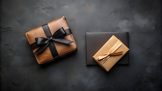 Two gift boxes with ribbons on dark textured background