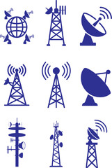 Communication Towers and Satellite Dishes Icons Collection Blue Silhouette Set