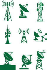 Green communication towers and satellite dishes vector illustration collection set