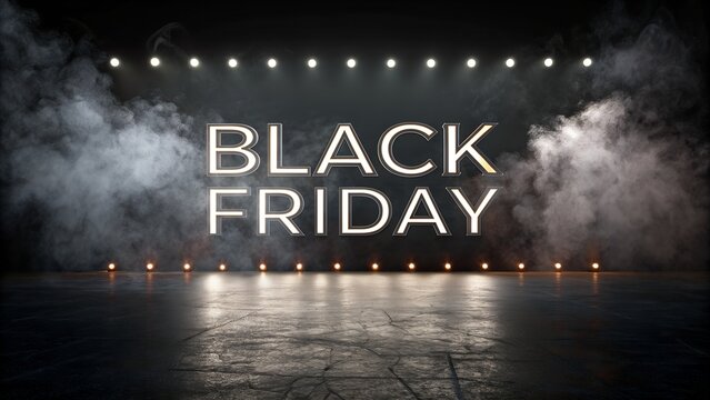 Black friday text with spotlights and smoke effect - Powered by Adobe