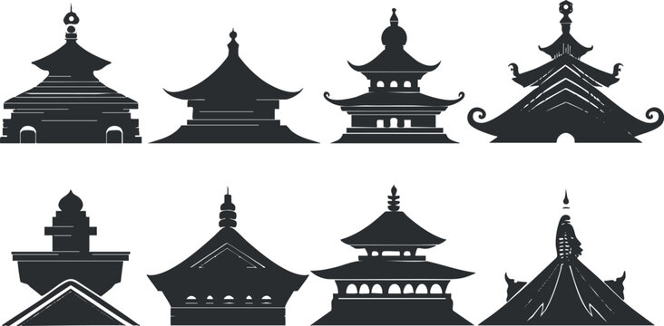 Silhouette illustration of traditional Asian pagoda roofs, showcasing diverse architectural designs.