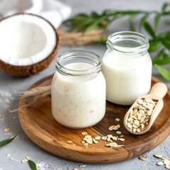 Vegan alternatives, coconut and oats, with milk in jars and a scoop