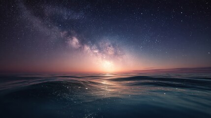 starry night sky with Milky Way reflecting in calm ocean waves, soft glowing horizon, deep cinematic beauty, peaceful and inspiring classical