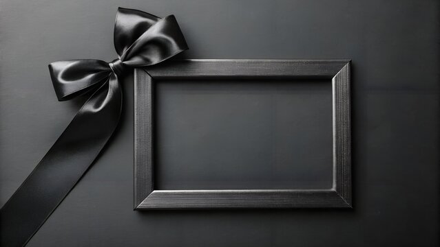 Empty black picture frame with a black ribbon and bow