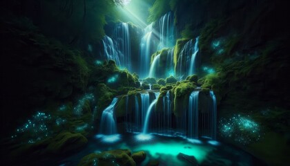 Obraz premium Enchanting waterfall cascading through lush green forest with ethereal glowing flora and mystical light