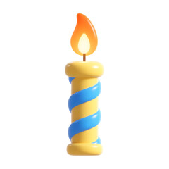 A Single 3D Birthday Candle With A Blue Ribbon And A Fiery Flame Isolated On Transparent Background