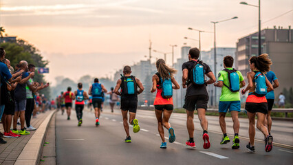 Group of athletes training for a marathon on a city street during dawn