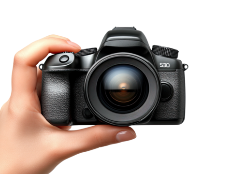 Hand holds a black DSLR camera with a large lens - Powered by Adobe