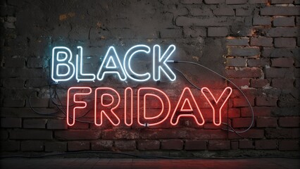 Obraz premium Neon sign spelling black friday on brick wall