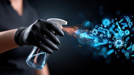 Gloved Hand Spraying Disinfectant Toward Digital Germs