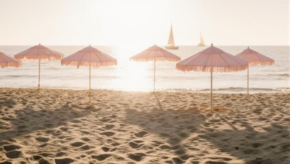 Fototapeta premium Beach scene with pastel pink parasols against the sun, ocean, and sailboats in the distance