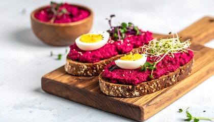 Vibrant beet hummus toasts topped with egg and sprouts on a wooden board