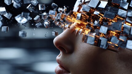 Human Face with Exploding Digital Cubes and Light