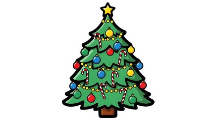 Cute flat vector illustration of Christmas tree with bold outline. Festive holiday icon, decorated with ornaments and star. Simple seasonal graphic for winter celebration.
