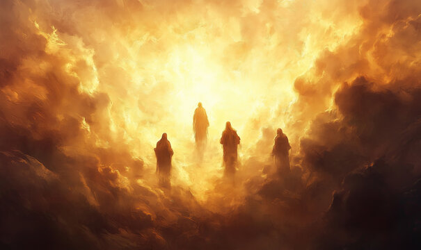 Digital painting of luminous clouds and ascending human silhouettes symbolizing prayers for departed souls on All Souls Day. Peaceful celestial concept for reflection and remembrance.