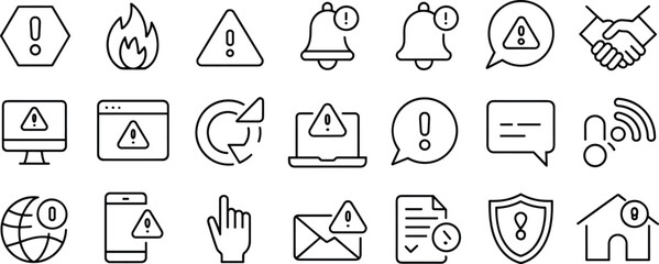 Modern warning alert icons collection with line design, computer, message, notification, shield, email, and communication safety symbols