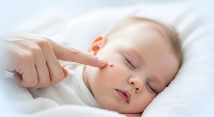 Close-up shot of a sleeping infant with gentle skin irritation being touched by a caring hand against a soft white bedding, creating a tender and peaceful mood.