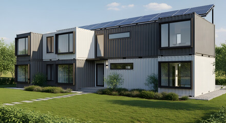 Fototapeta premium Modern modular home constructed from shipping containers with solar panels on the roof, showcasing sustainable architecture and eco-friendly living