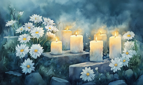 Digital painting of luminous clouds and ascending human silhouettes symbolizing prayers for departed souls on All Souls Day. Peaceful celestial concept for reflection and remembrance.