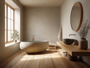 A bathroom with a large bathtub and a mirror