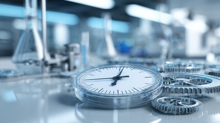 Ultra realistic photo of transparent mechanical clock gears in sharp focus, blurred laboratory equipment in background, concept of scientific