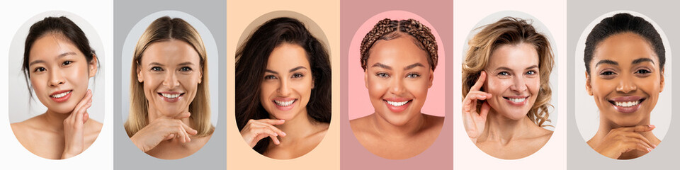Six women are joyfully smiling in a collage set, each presenting unique features and expressions. The backgrounds are soft and colorful, highlighting their diverse beauty and individuality.