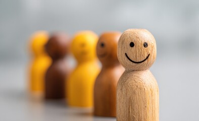 Wooden figures in a line, one smiling, presents a concept of diversity and inclusion.