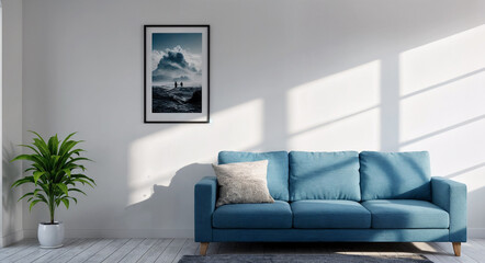 Fototapeta premium A bright modern living room with a blue sofa and plant, ideal for interior design portfolios, real estate listings, and home decor inspiration.