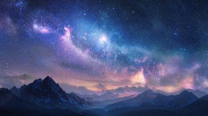 vast cosmic landscape with glowing galaxies above mountain peaks, gentle light beams falling to Earth, harmony between universe and nature, cinematic