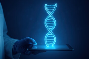 Digital DNA Strand Above Tablet in Medical Hand