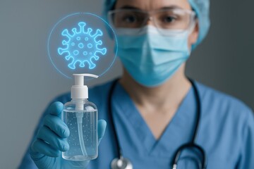 Medical Worker Holding Sanitizer with Virus Hologram